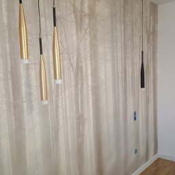 Grzegorz Maga - Wnętrze z fototapetą imitującą las i wiszącymi lampami w kolorze złotym. Widoczne gniazdka elektryczne i fragment podłogi z paneli.