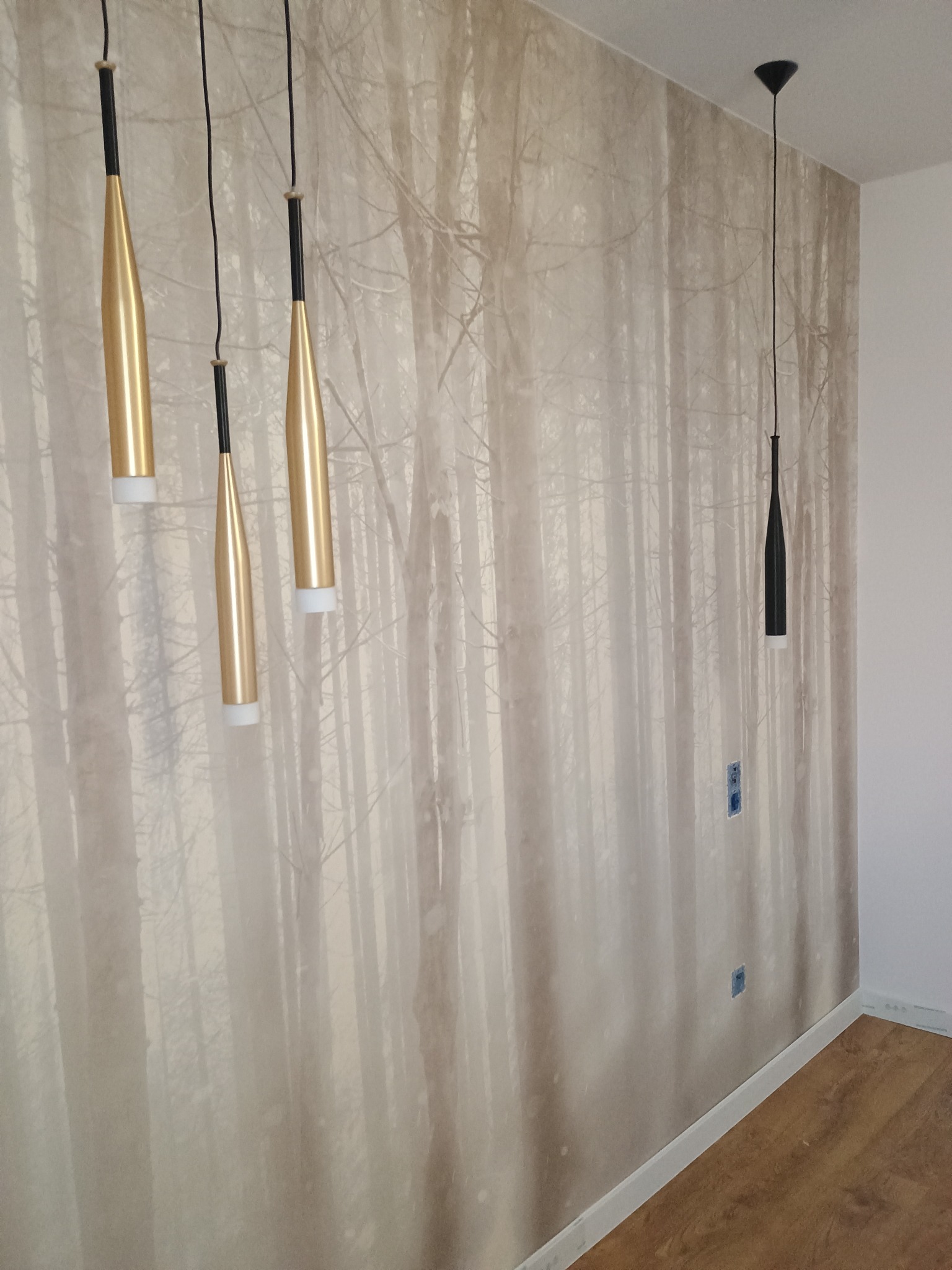 Wnętrze z fototapetą imitującą las i wiszącymi lampami w kolorze złotym. Widoczne gniazdka elektryczne i fragment podłogi z paneli.