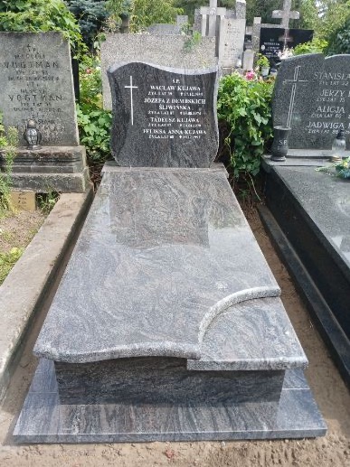 Granitowy nagrobek z inskrypcjami na cmentarzu. Dominują szare odcienie kamienia. Widoczne inne nagrobki w tle.