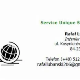 Wizytówka firmy Service Unique Streams z danymi kontaktowymi inżyniera projektu Rafała Lubańskiego, zawierająca logo w postaci stylizowanej kuli ziemskiej.