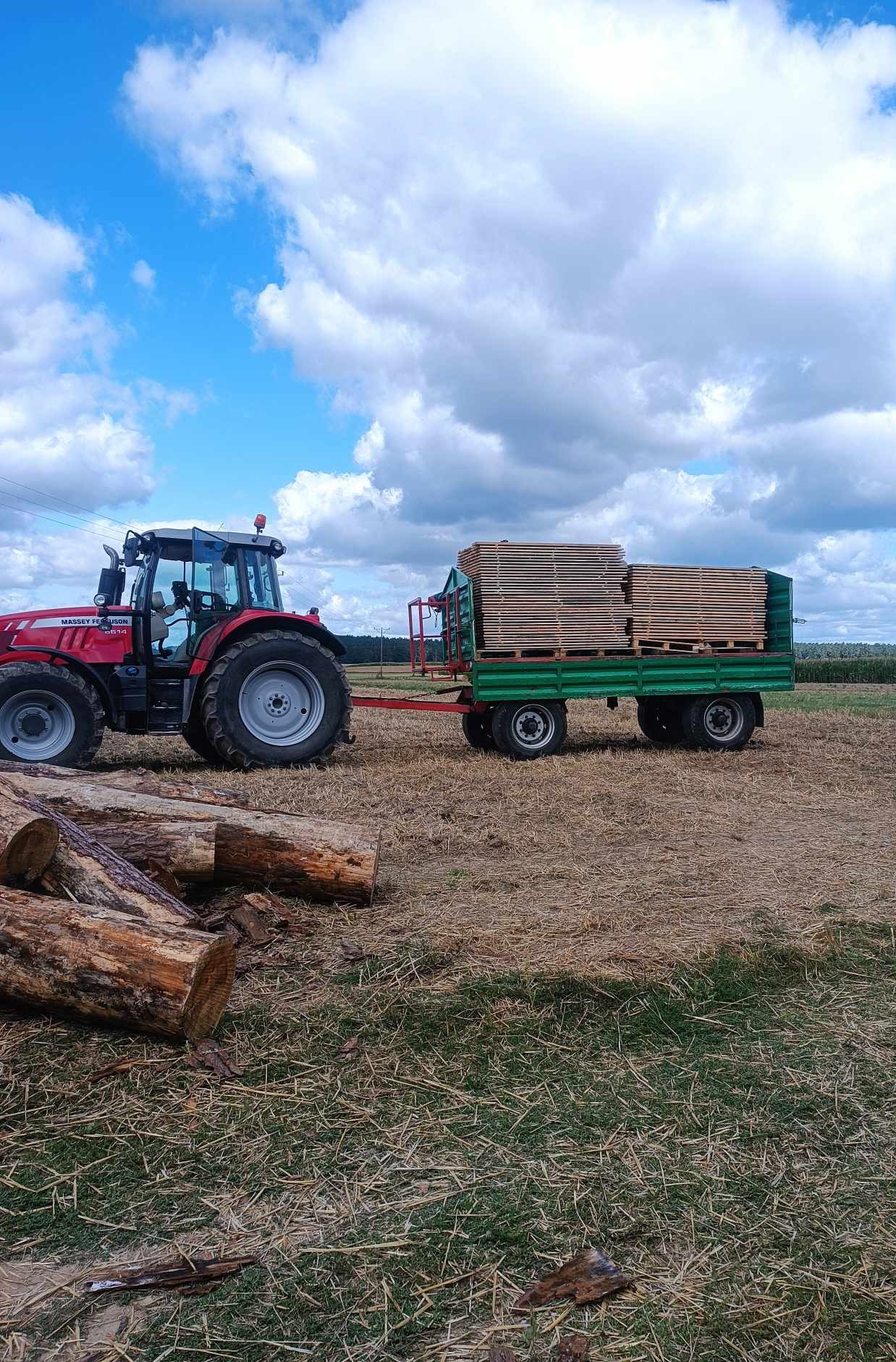 Czerwony ciągnik Massey Ferguson z przyczepą pełną ułożonej tarcicy na polu w Klonowie, obok leżą stosy pociętych pni drzew.