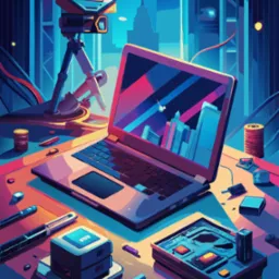 Stylizowana ilustracja przedstawiająca stanowisko pracy z laptopem, kamerą na statywie i elementami elektronicznymi na biurku w futurystycznym otoczeniu miejskim.