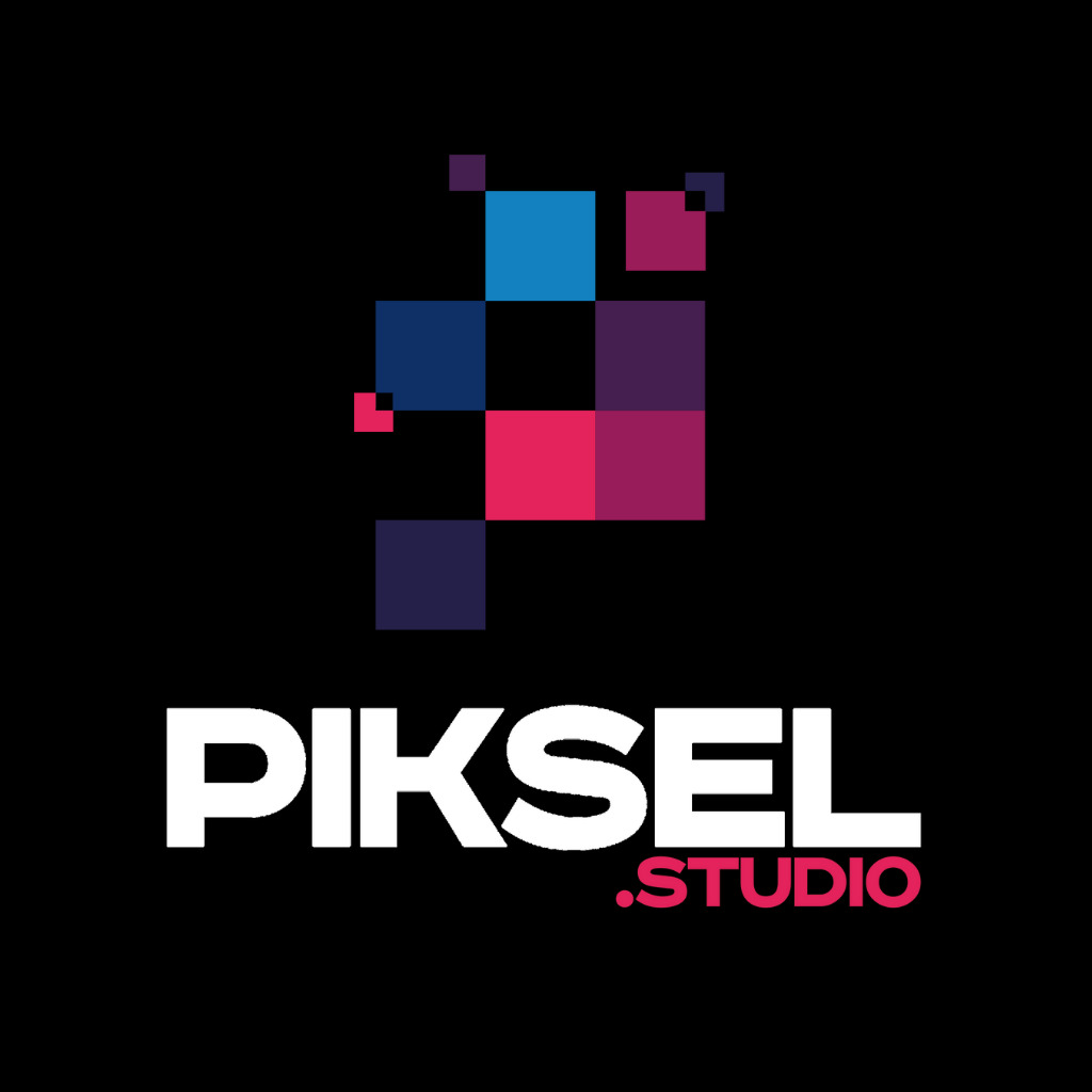 Logo 'Piksel Studio' z geometrycznym symbolem pikseli w odcieniach niebieskiego, fioletu i różu na czarnym tle.