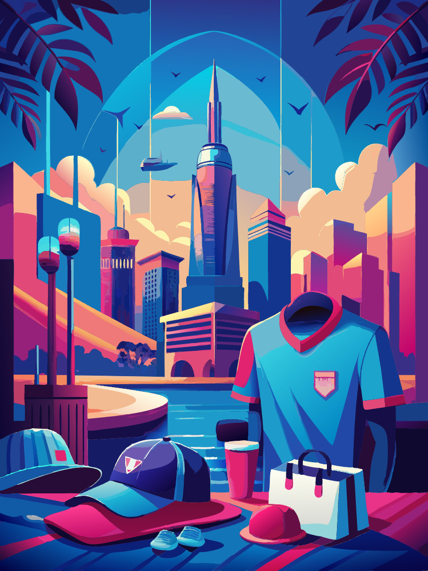 Stylizowana grafika wektorowa przedstawiająca miejski krajobraz z palmami i wieżowcami w odcieniach niebieskiego, różowego i pomarańczowego, z koszulką sportową, czapkami i torbą na pierwszym planie.