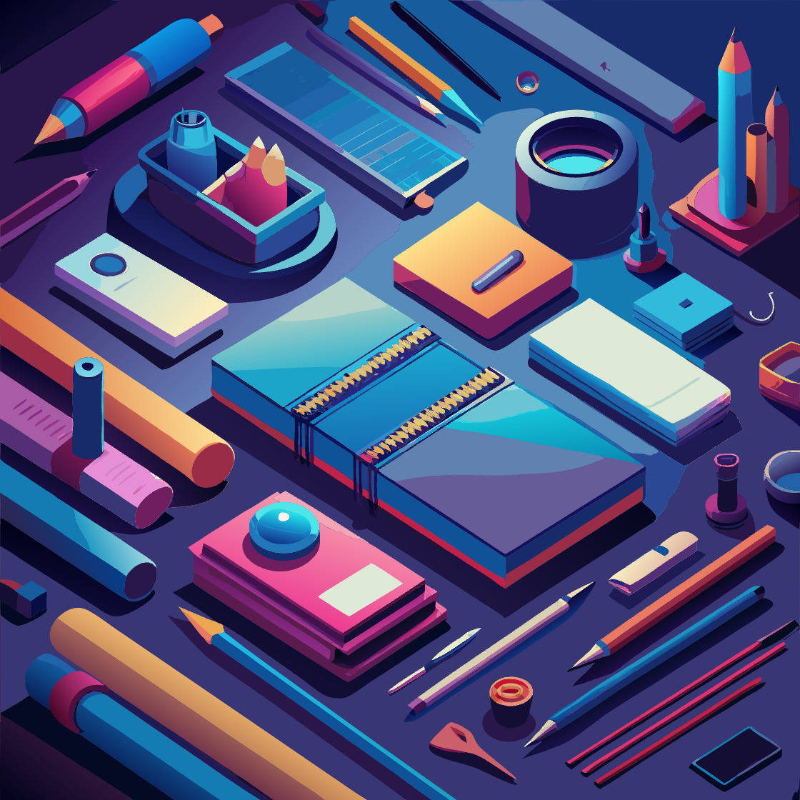 Izometryczny widok z góry na kolorowe przybory kreślarskie i biurowe, w tym ołówki, linijki, gumki i notatniki, ułożone na ciemnym tle.