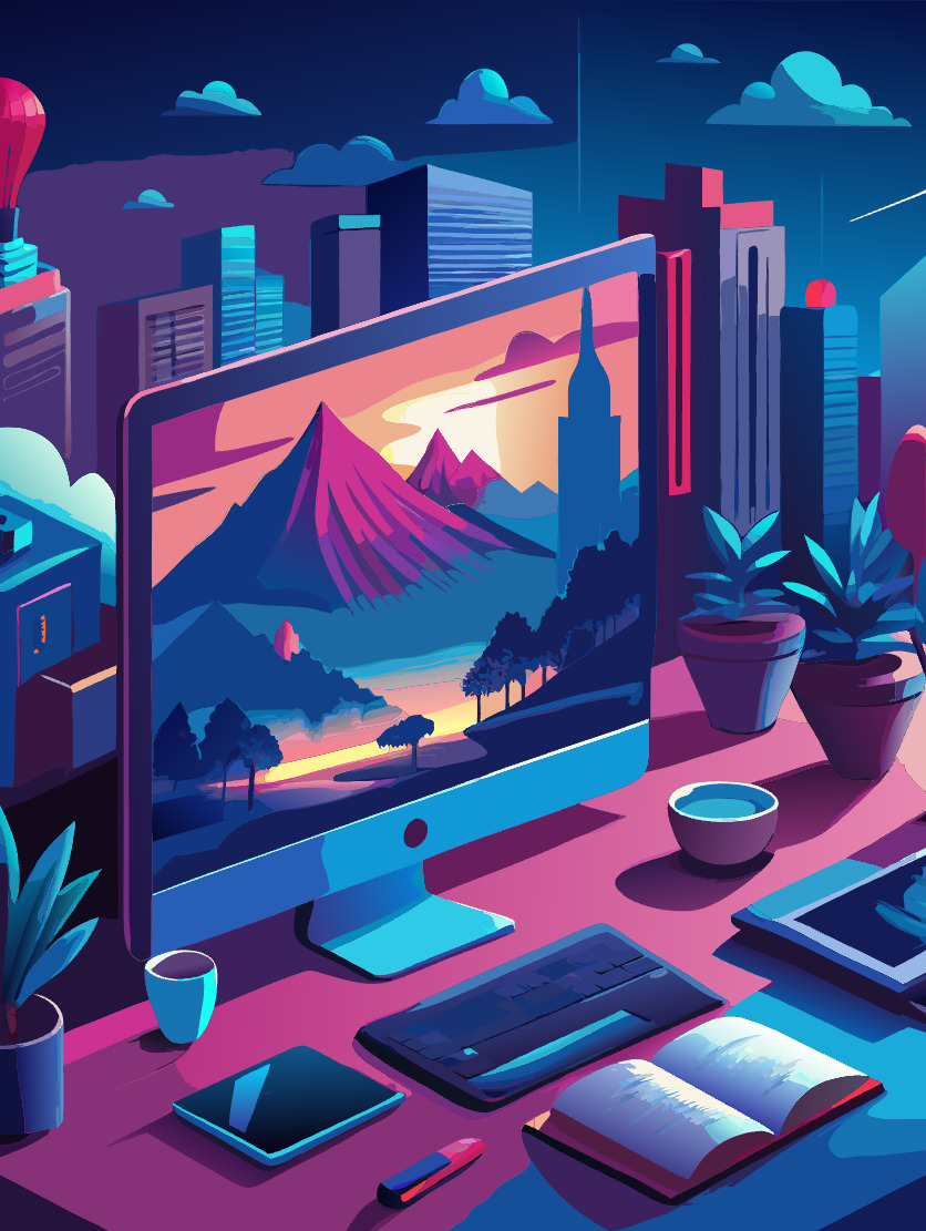 Stylizowana ilustracja biurka z komputerem wyświetlającym krajobraz miejski z górami w tle, obok tablet graficzny, klawiatura, otwarty notatnik i dwie doniczki z roślinami, całość utrzymana...