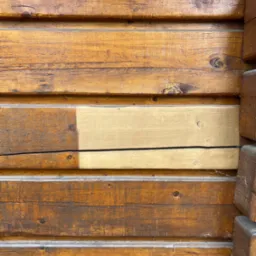 Fragment drewnianej ściany domu z bali, z widocznym obszarem po czyszczeniu lub renowacji, gdzie fragment deski ma jaśniejszy odcień.