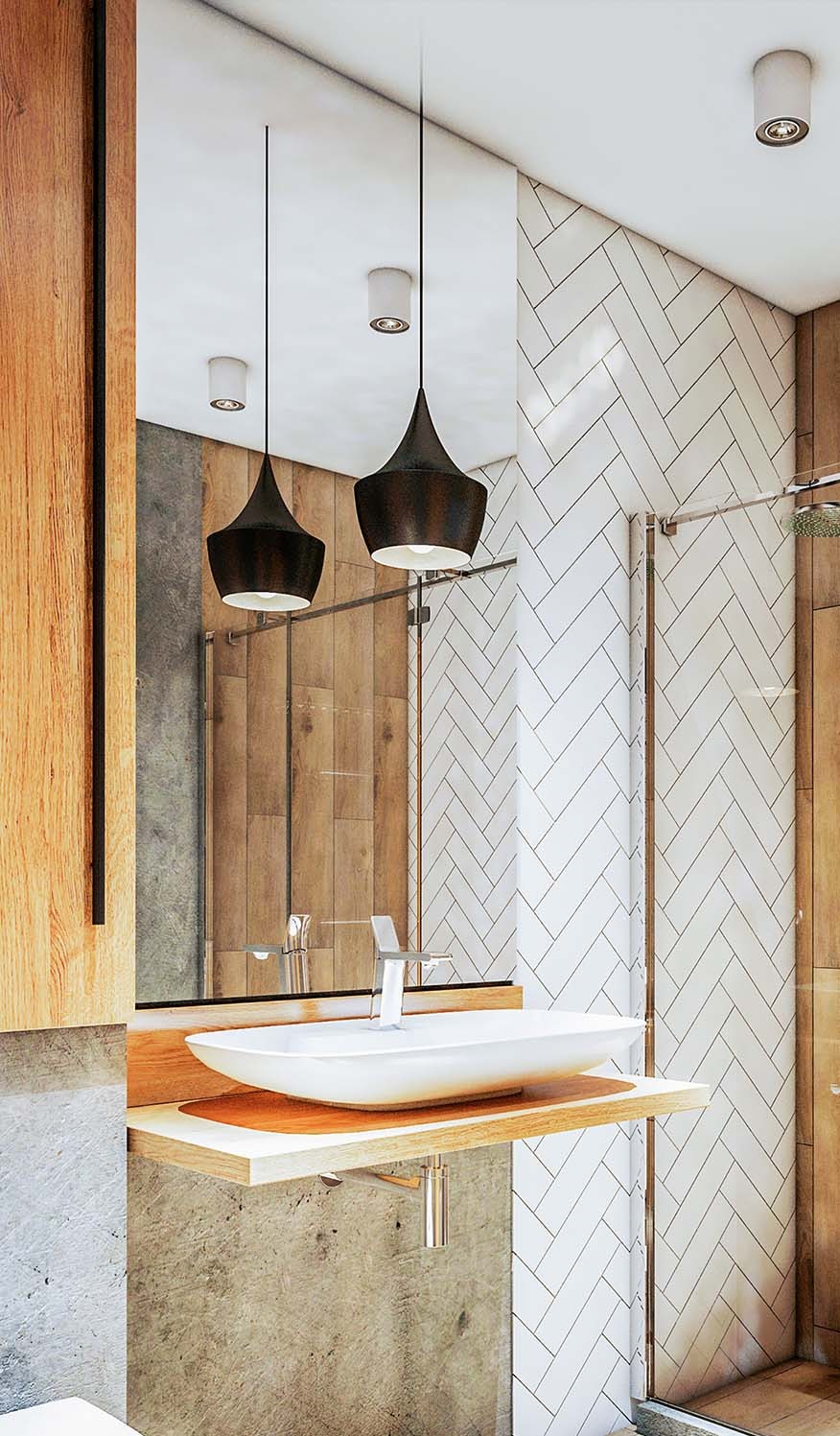 Nowoczesna łazienka z umywalką nablatową, baterią jednouchwytową i kabiną prysznicową ze szklaną ścianką, oświetlona wiszącymi lampami w kształcie kropli.