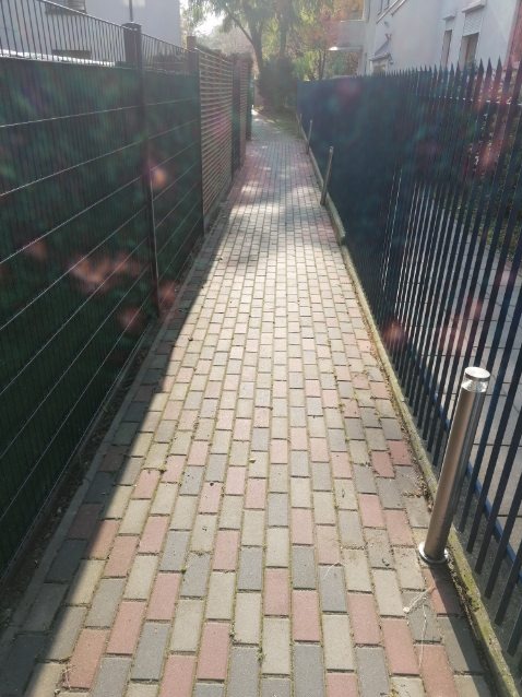 Ułożona z kostki brukowej ścieżka między dwoma ogrodzeniami: zielonym z siatki i czarnym metalowym. Na kostce widoczne drobne zanieczyszczenia organiczne.