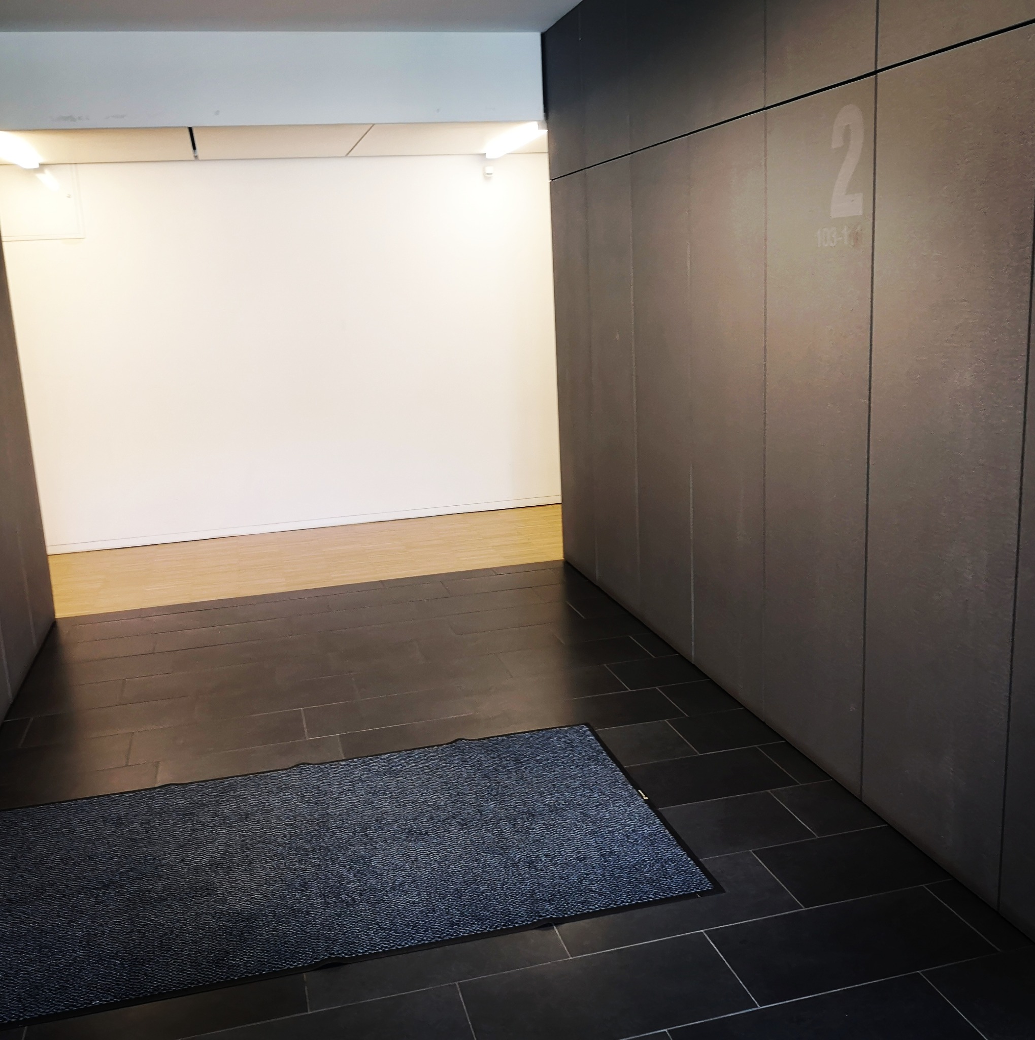 Wnętrze biurowca z ciemną podłogą z płytek, szarym dywanikiem wejściowym i ścianą z numerem '2' na korytarzu.