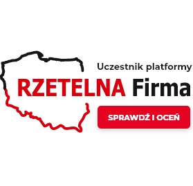 Logo 'Rzetelna Firma' z konturem Polski i hasłem 'Uczestnik platformy'. Czerwony przycisk 'Sprawdź i oceń' po prawej stronie.