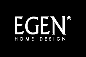 Białe logo firmy EGEN HOME DESIGN na czarnym tle.