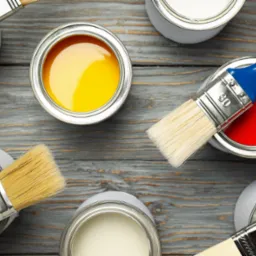 Zestaw otwartych puszek z farbami w kolorach: zielonym, żółtym, czerwonym, niebieskim i białym, każda z pędzlem, ułożonych na szarym, drewnianym tle.