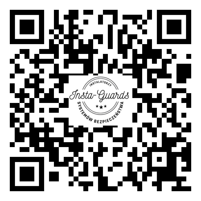 Czarno-biały kod QR z logo firmy Insta-Guards Systemów Bezpieczeństwa w centralnej części.