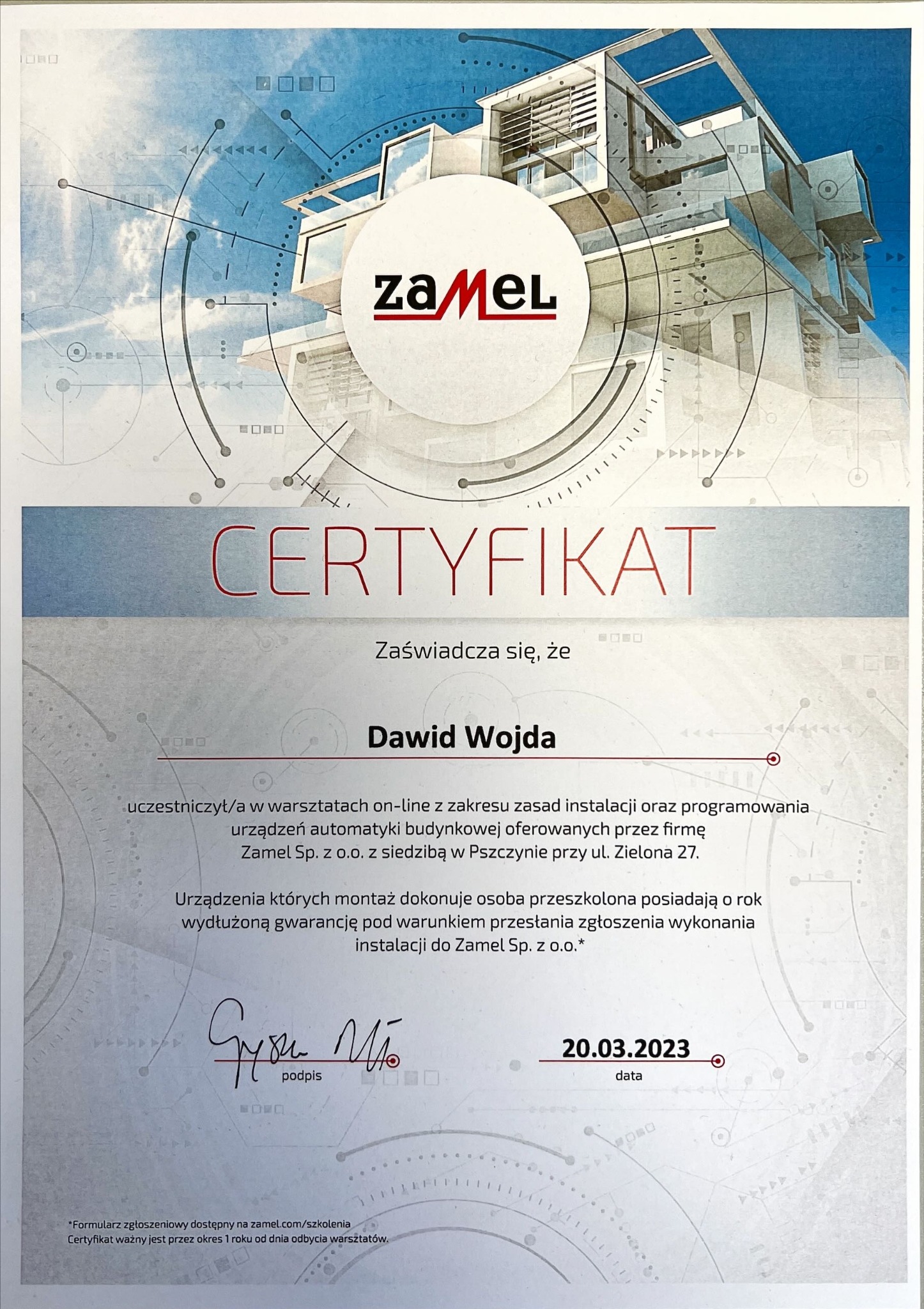 Certyfikat ukończenia warsztatów on-line z zakresu instalacji i programowania urządzeń automatyki budynkowej firmy Zamel dla Dawida Wojdy, z datą 20.03.2023, podpisany.