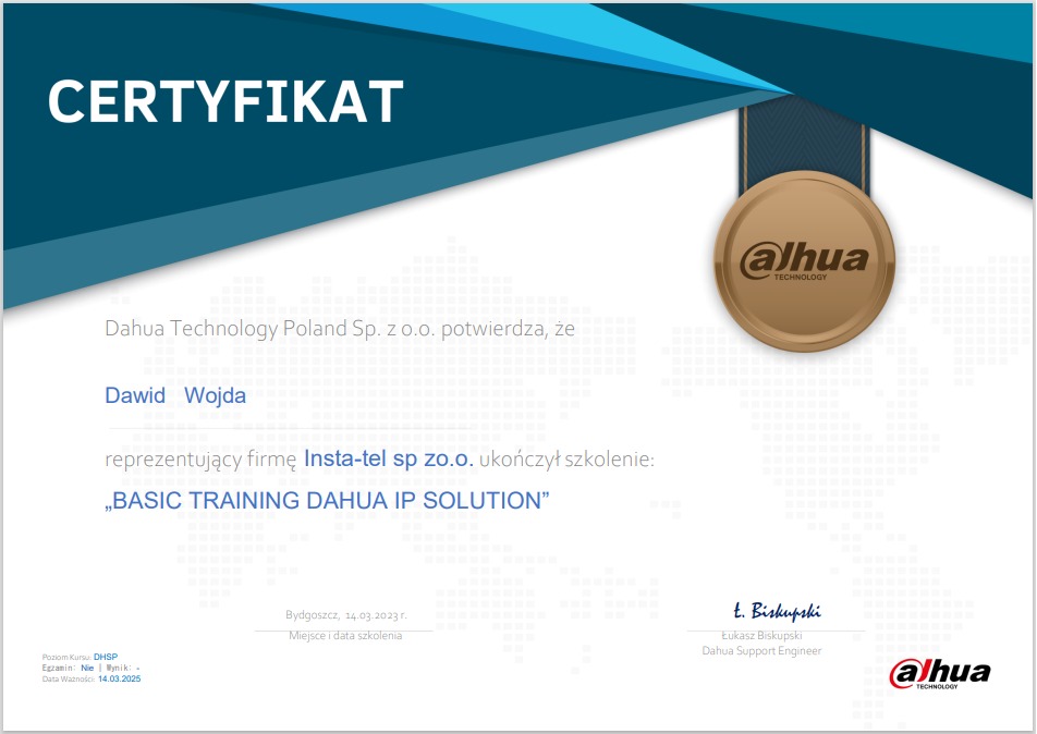 Certyfikat ukończenia szkolenia 'BASIC TRAINING DAHUA IP SOLUTION' przez Dawida Wojdę z firmy Insta-tel sp zo.o., wydany przez Dahua Technology Poland Sp. z o.o.