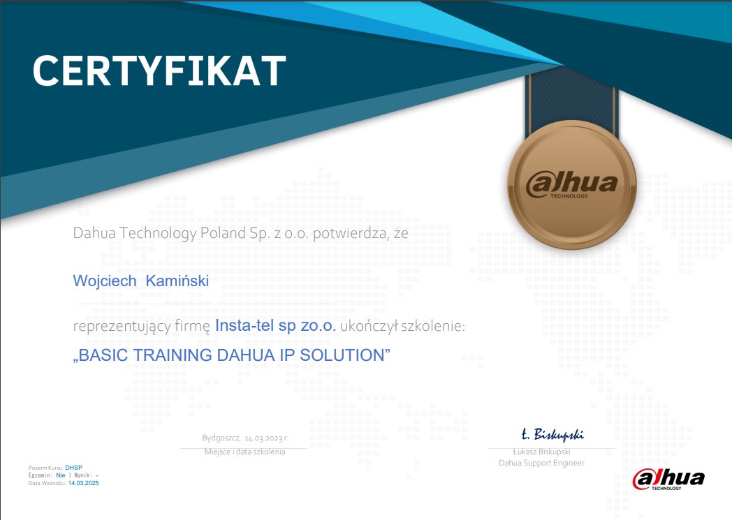 Certyfikat ukończenia szkolenia BASIC TRAINING DAHUA IP SOLUTION przez firmę Insta-tel sp. z o.o., wydany przez Dahua Technology Poland Sp. z o.o. z logo Dahua w prawym górnym rogu.