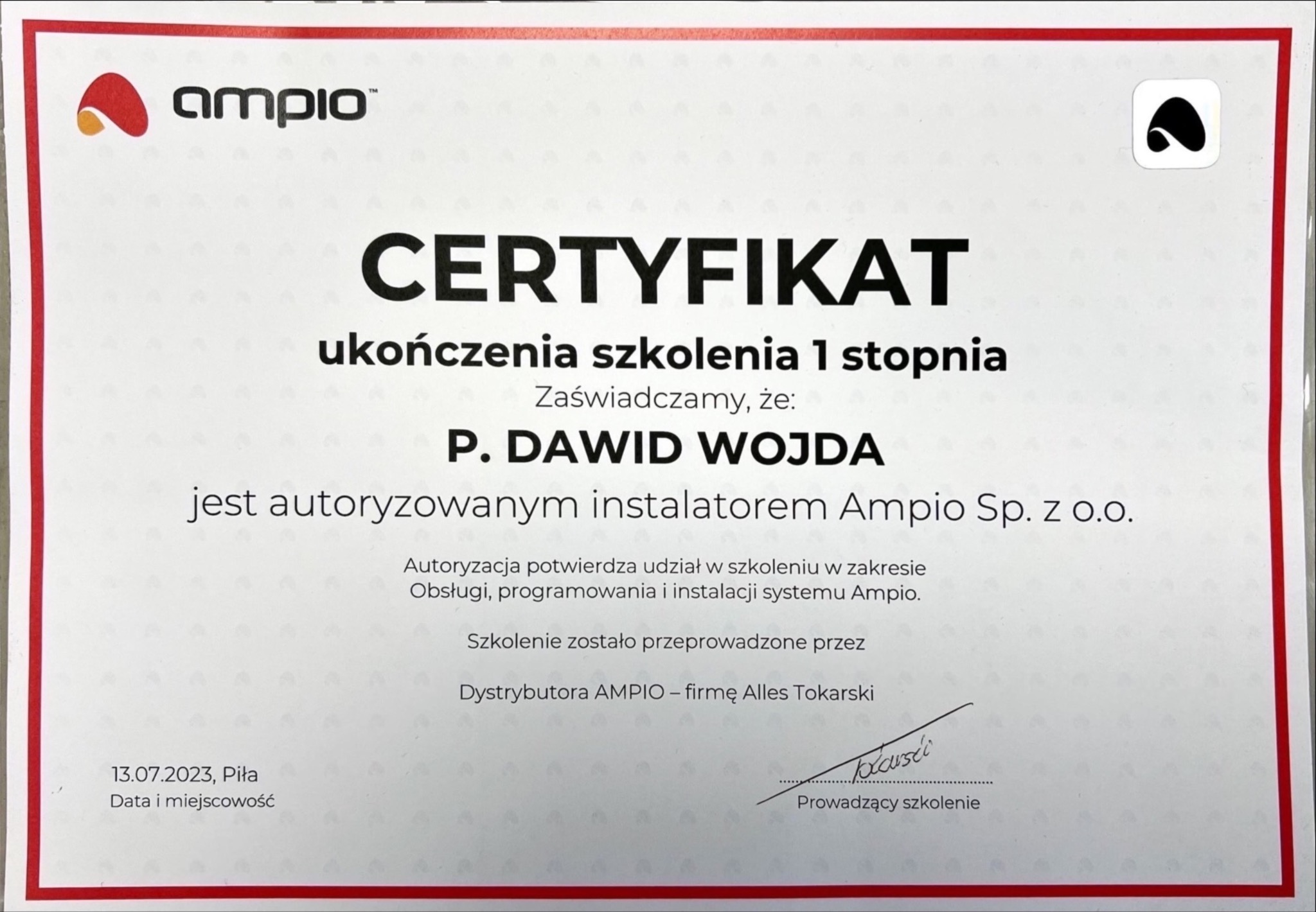 Certyfikat instalatora systemu Ampio
