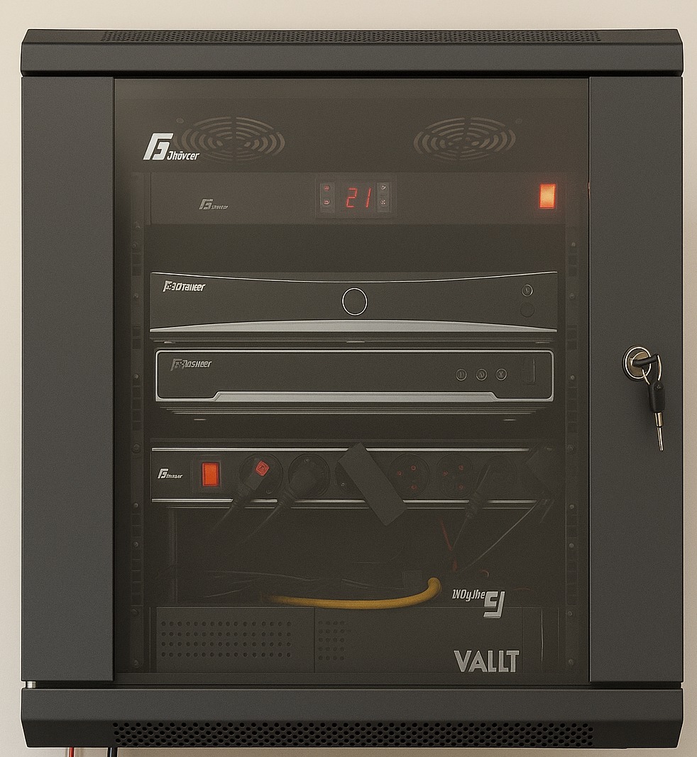 Zamknięta szafa rack z zainstalowanymi urządzeniami: router, przełącznik, zasilacz awaryjny. Klucz w zamku. Widoczne okablowanie i wentylatory.