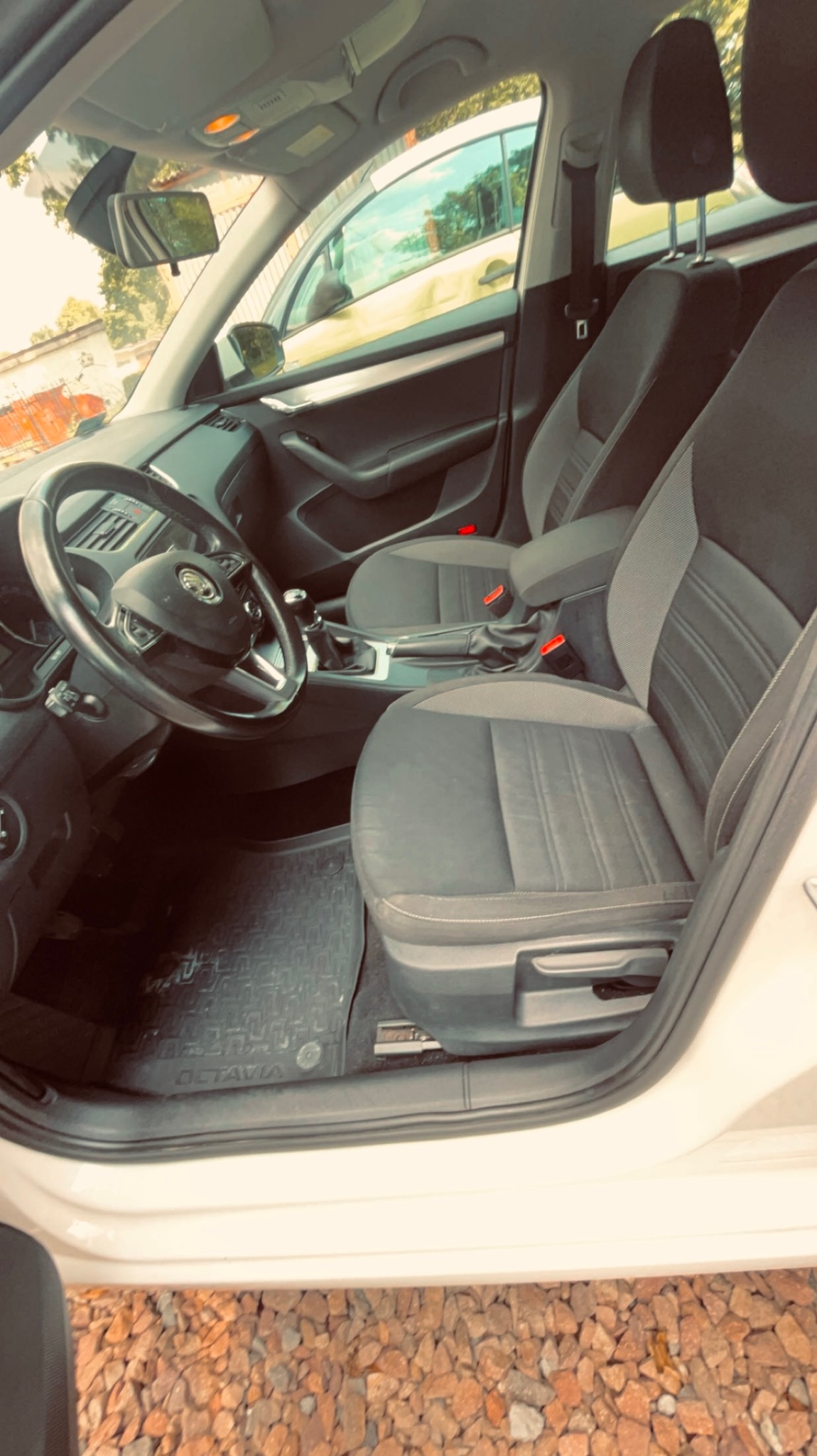Wnętrze samochodu Skoda Octavia z widocznymi szarymi fotelami, kierownicą i dywanikami podłogowymi, sfotografowane z otwartych drzwi kierowcy.