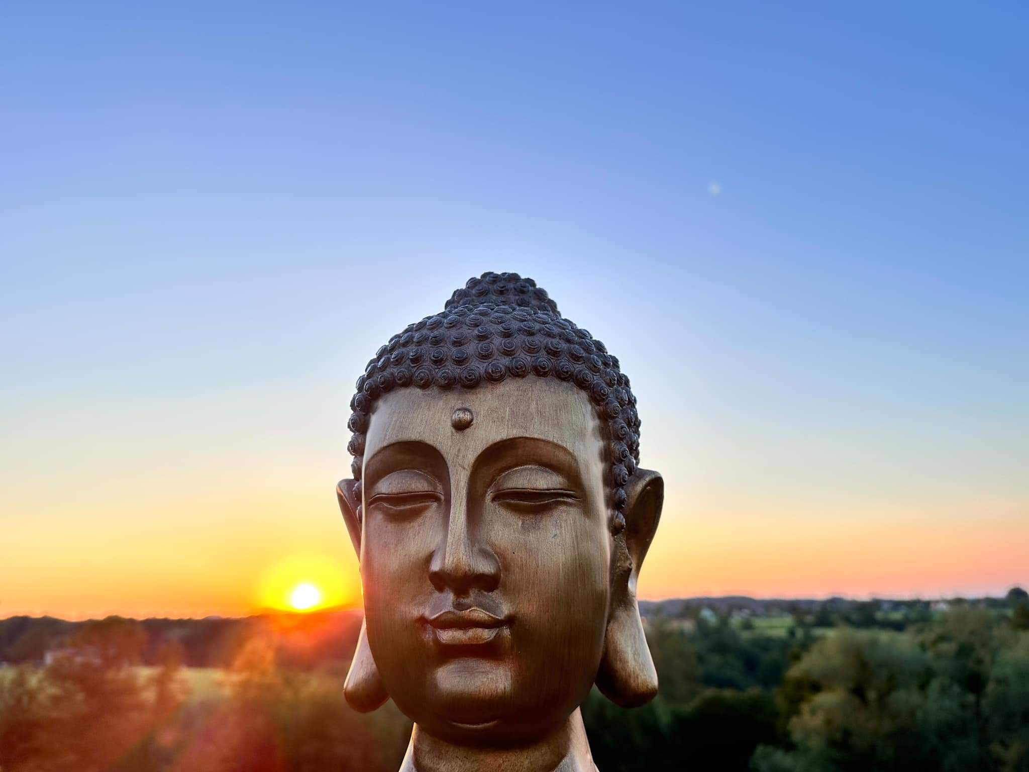 Złota głowa Buddy z zamkniętymi oczami na tle wschodzącego słońca i zieleni drzew.