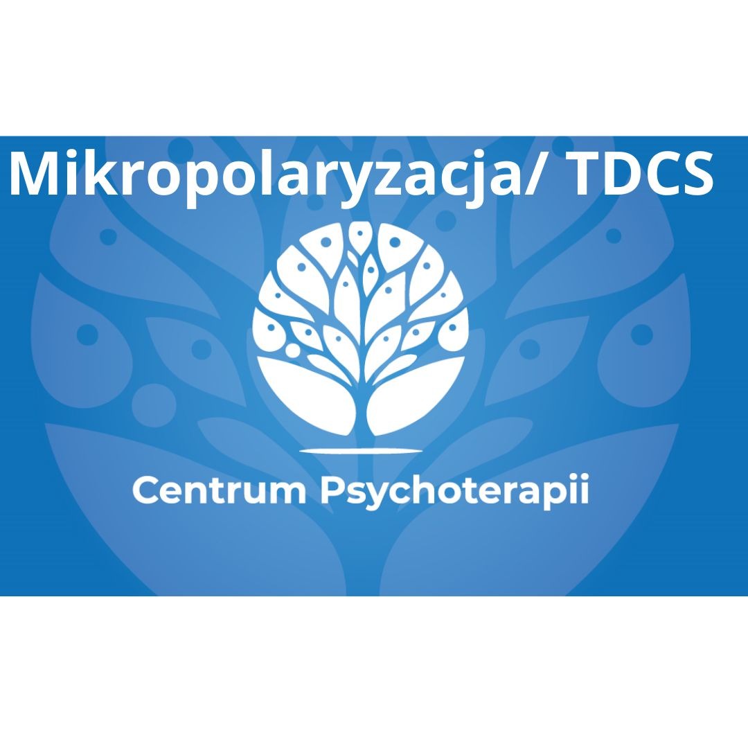 Grafika z napisem Mikropolaryzacja/TDCS i Centrum Psychoterapii, stylizowany biały rysunek drzewa na niebieskim tle.