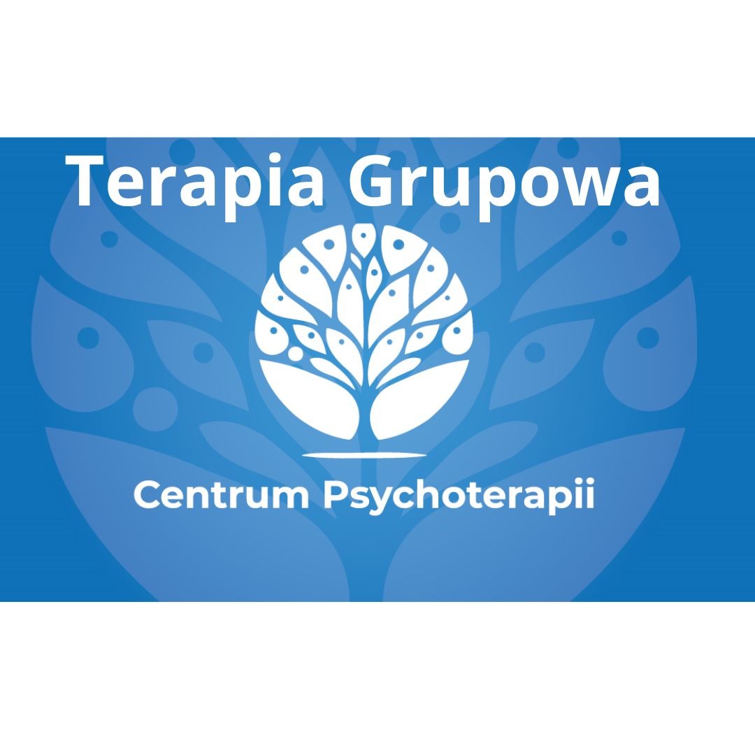 Grafika z napisem 'Terapia Grupowa' i 'Centrum Psychoterapii' na niebieskim tle z białym, stylizowanym drzewem.