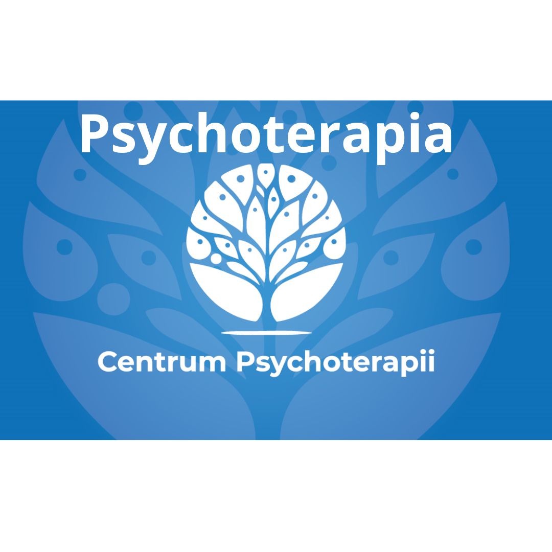 Logo centrum z nazwą 'Psychoterapia' i motywem drzewa na niebieskim tle.