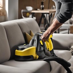 TapiPerfekt - Czyszczenie jasnoszarej sofy za pomocą profesjonalnego, żółto-czarnego odkurzacza piorącego; widoczny fragment ramienia osoby obsługującej urządzenie.