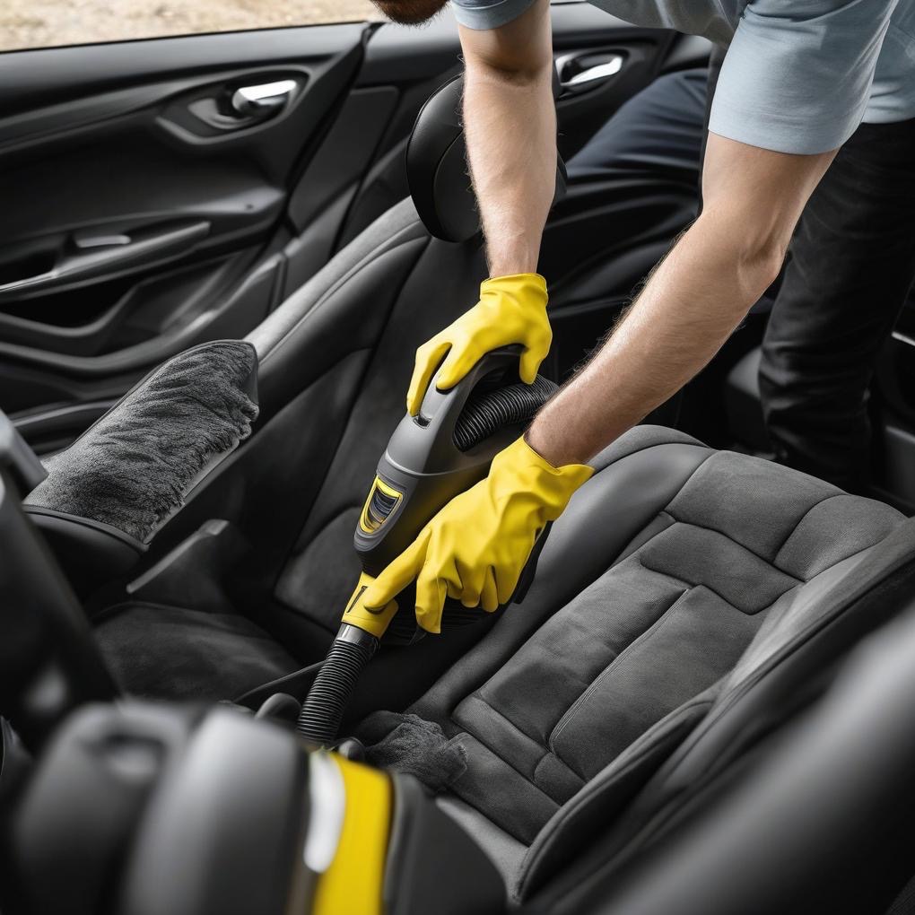 Czyszczenie tapicerki samochodowej odkurzaczem przez osobę w żółtych rękawicach, widoczne detale wnętrza auta i ściereczka do czyszczenia.