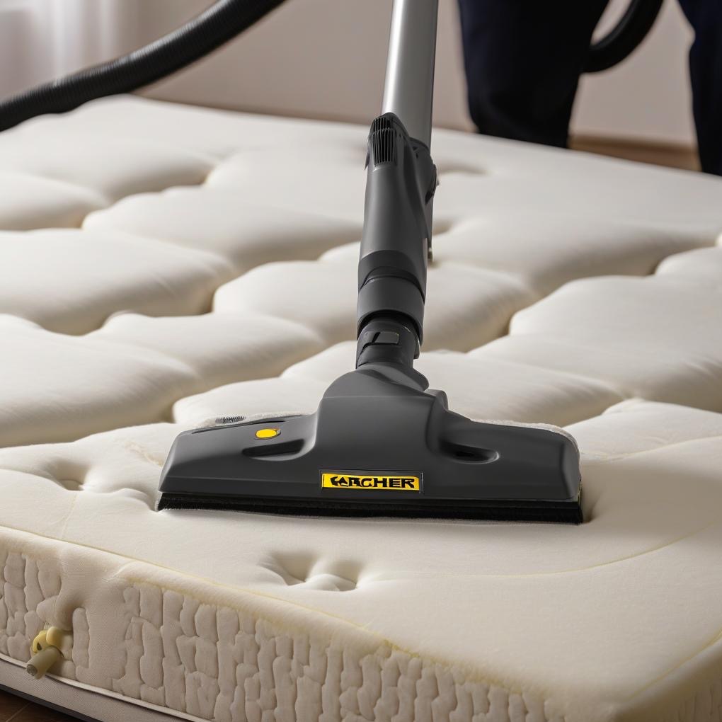 Szczegółowe ujęcie dyszy odkurzacza Karcher czyszczącej jasny, pikowany materac z widocznym zaworem odpowietrzającym.