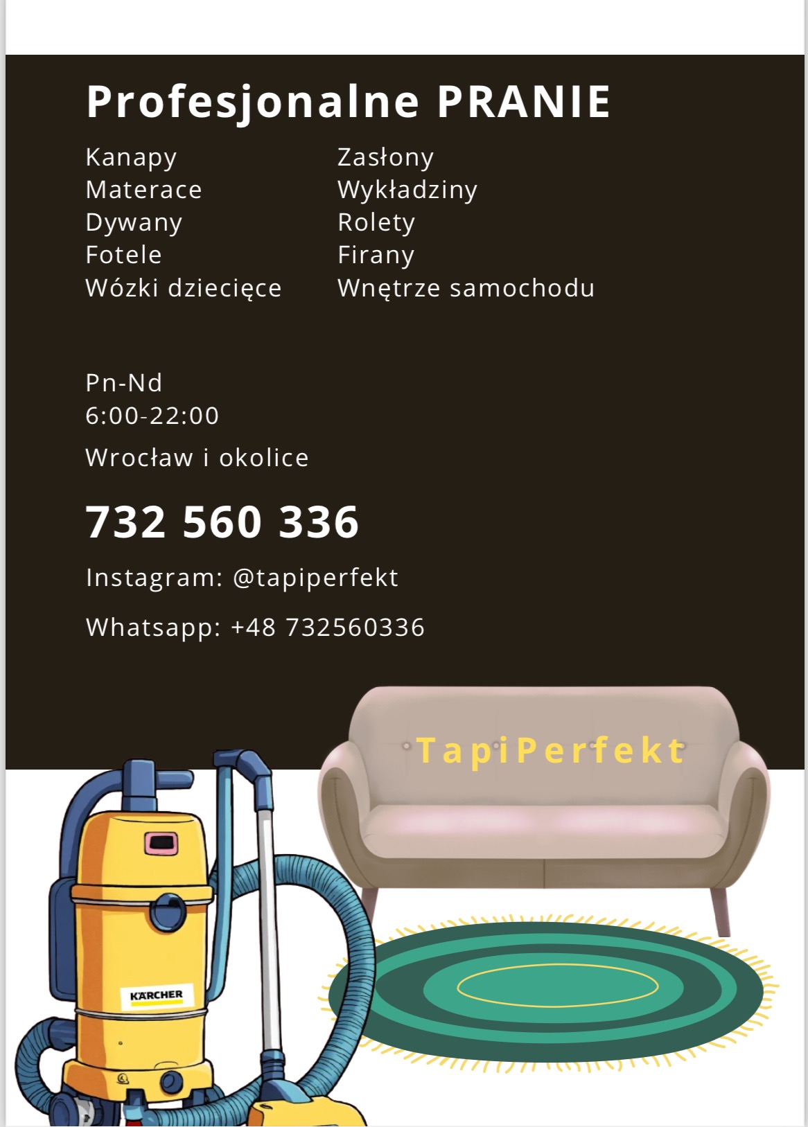 Grafika reklamowa firmy oferującej profesjonalne usługi prania tapicerki, dywanów i innych elementów wyposażenia wnętrz, z numerem telefonu, nazwą na Instagramie i WhatsApp oraz logo firmy na sofie.