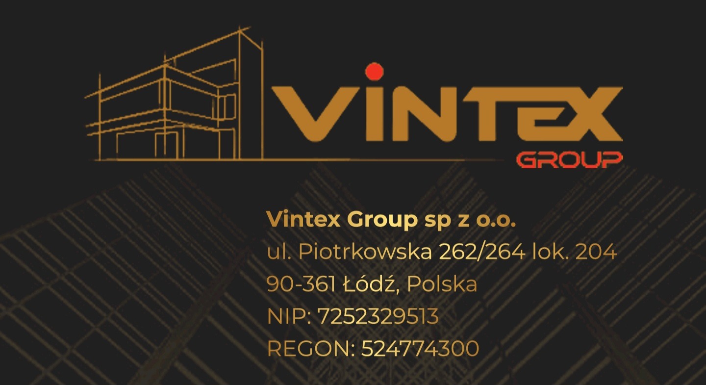 Logo firmy Vintex Group sp z o.o. z adresem ul. Piotrkowska 262/264 lok. 204, 90-361 Łódź, Polska, NIP: 7252329513, REGON: 524774300, na czarnym tle z graficzną wizualizacją budynku.