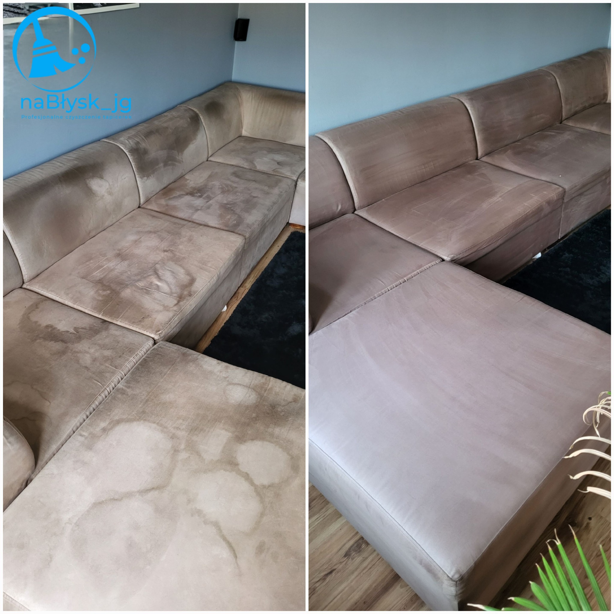 Zdjęcie przedstawia porównanie stanu narożnika tapicerowanego przed i po czyszczeniu. Po lewej stronie widoczne są wyraźne plamy i zabrudzenia na materiale, natomiast po prawej stronie narożnik...