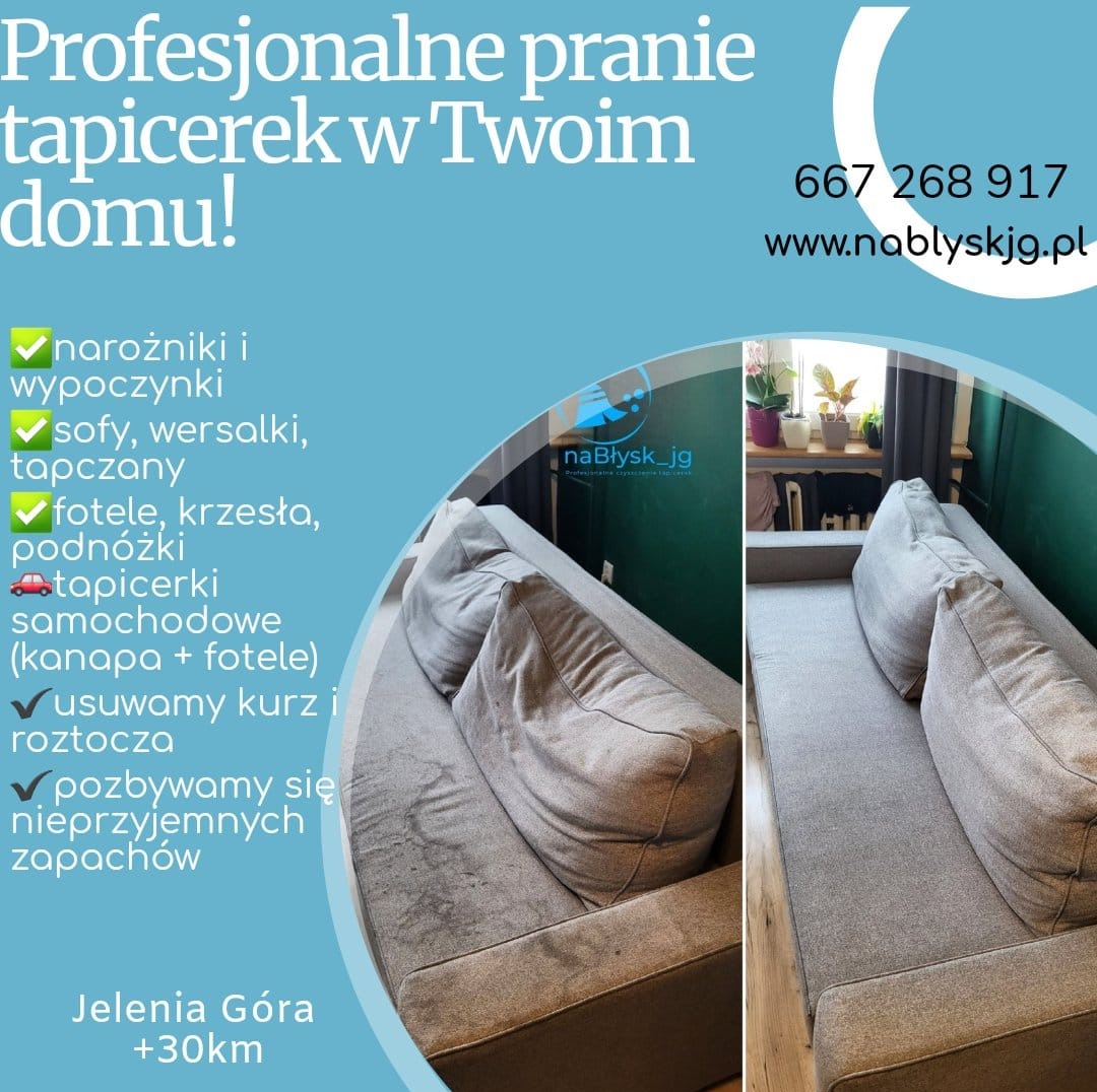 Zdjęcie przedstawia kanapę przed i po czyszczeniu, z widoczną różnicą w wyglądzie tapicerki. Po lewej stronie widoczne zabrudzenia, po prawej czysta powierzchnia. W tle ściana w kolorze butelkowej...