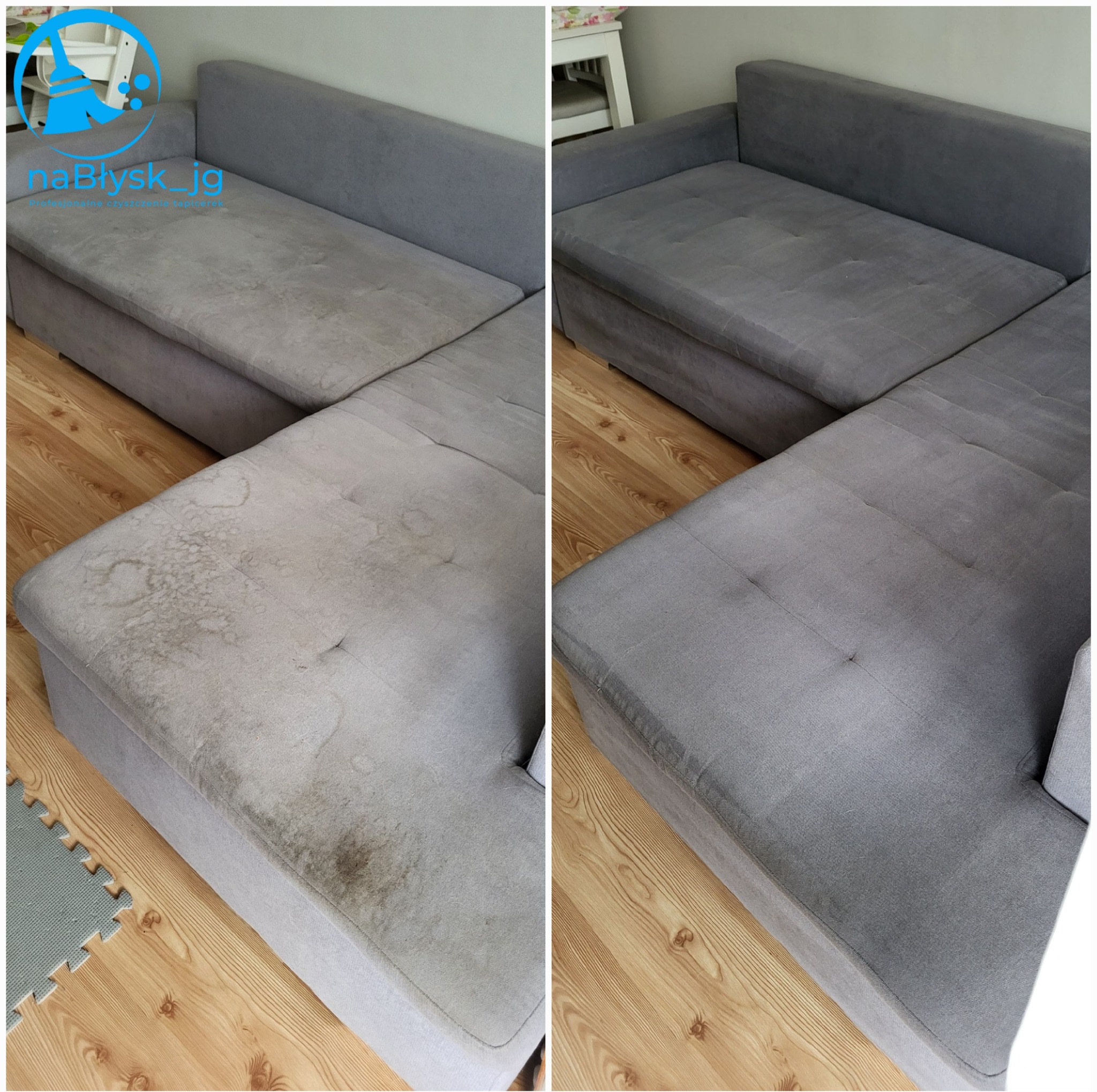 Zdjęcie przedstawia porównanie stanu narożnika przed i po czyszczeniu. Po lewej stronie widoczna jest zabrudzona tapicerka z plamami, natomiast po prawej stronie narożnik jest czysty i odświeżony.