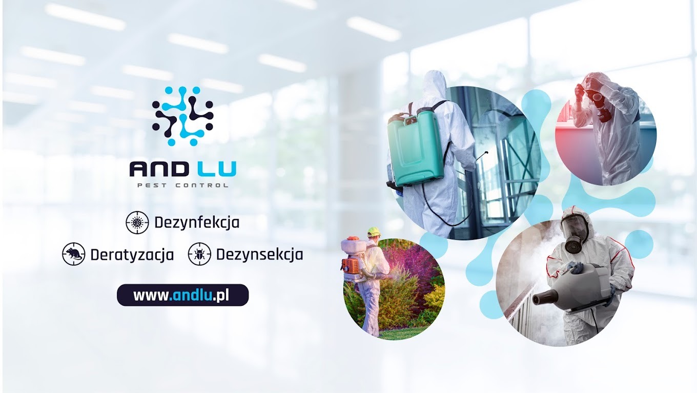 Kompozycja graficzna prezentująca firmę AND LU Pest Control, zawierająca logo, adres strony internetowej oraz ilustracje osób w kombinezonach ochronnych podczas różnych etapów pracy, w tym...