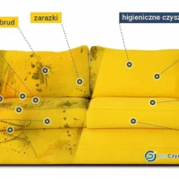Żółta kanapa przed i po czyszczeniu z widocznymi plamami i zabrudzeniami, z zaznaczonymi obszarami występowania bakterii, grzybów, roztoczy i alergenów oraz logo firmy czyszczącej.