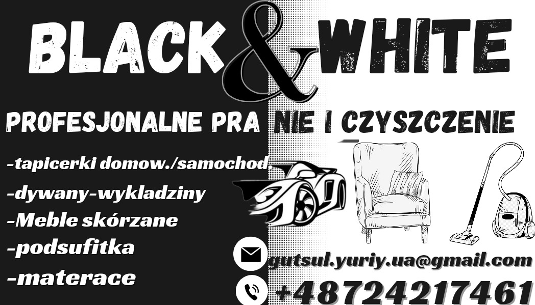 Czarno-biała grafika reklamowa firmy oferującej profesjonalne usługi prania i czyszczenia tapicerek, dywanów, mebli skórzanych, podsufitki i materacy, z rysunkami krzesła, samochodu i odkurzacza...