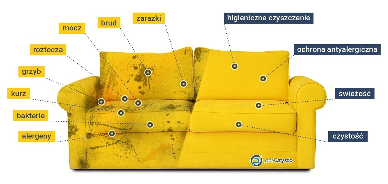 Żółta kanapa przed i po czyszczeniu z widocznymi plamami i zabrudzeniami, z zaznaczonymi obszarami występowania bakterii, grzybów, roztoczy i alergenów oraz logo firmy czyszczącej.