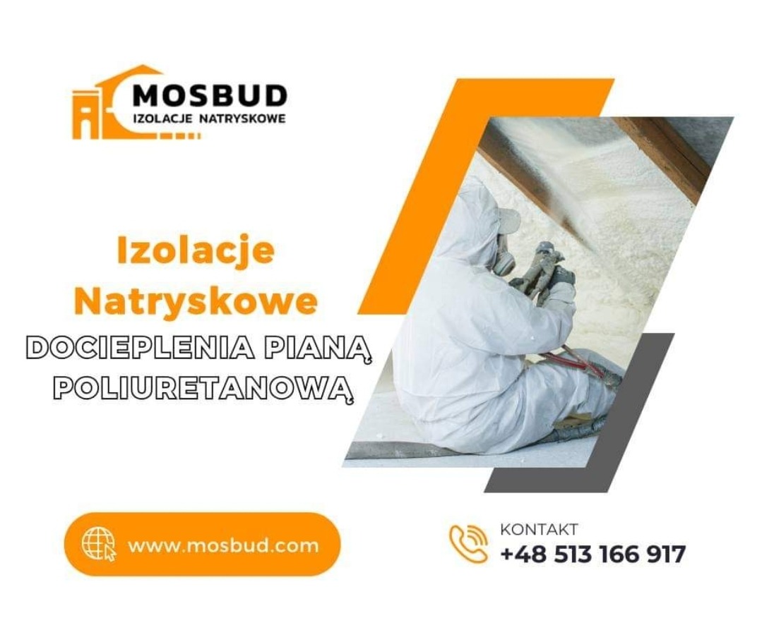 Grafika reklamowa prezentująca pracownika w kombinezonie ochronnym aplikującego natryskowo izolację na poddaszu, widoczne logo firmy Mosbud, adres strony internetowej i numer telefonu kontaktowego.