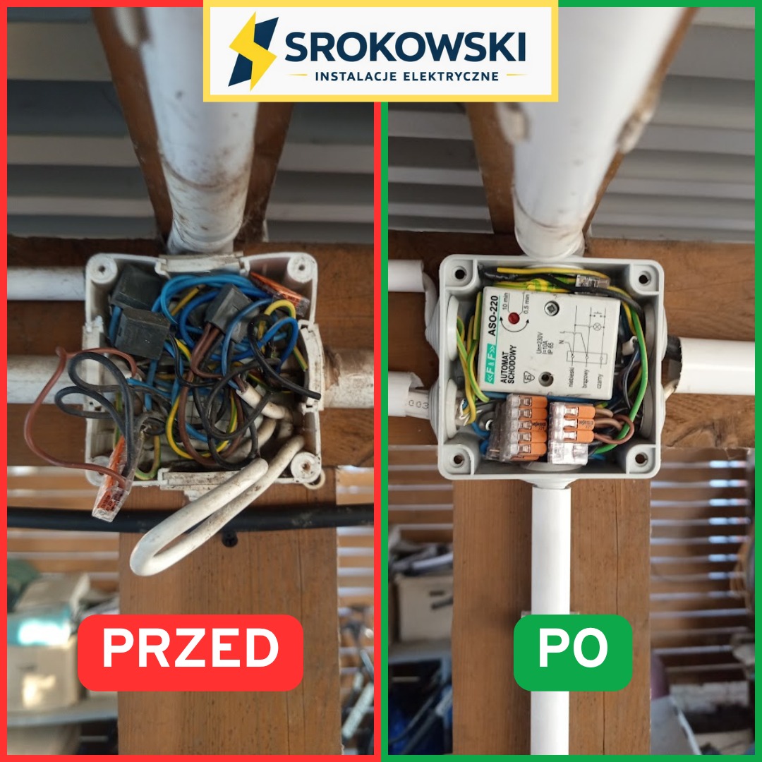 Instalacja elektryczna przed i po: bałagan przewodów w puszce vs. uporządkowany automat schodowy ASO-220 w puszce, z widocznymi złączkami WAGO i schematem.