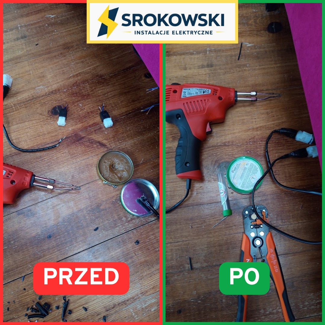 Zdjęcie 'przed i po' lutowania przewodów na drewnianej podłodze. Po lewej surowe przewody, po prawej zaizolowane złączki i narzędzia: lutownica, cyna, kalafonia, obcinak.