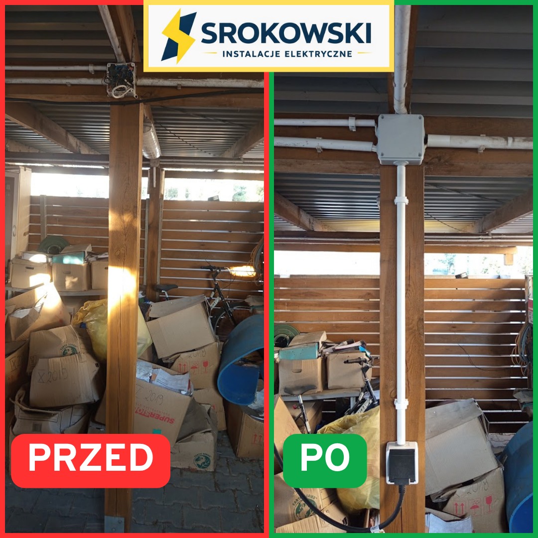 Zdjęcie 'przed i po' przedstawia montaż instalacji elektrycznej w zadaszonej przestrzeni. Po lewej zagracona przestrzeń, po prawej schludna instalacja z puszką i gniazdkiem.