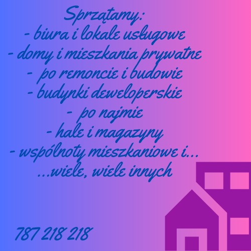 Grafika reklamowa z listą oferowanych usług porządkowych: biura, mieszkania, obiekty po remoncie, budynki deweloperskie, hale, magazyny, wspólnoty mieszkaniowe i inne, na tle w odcieniach różu...