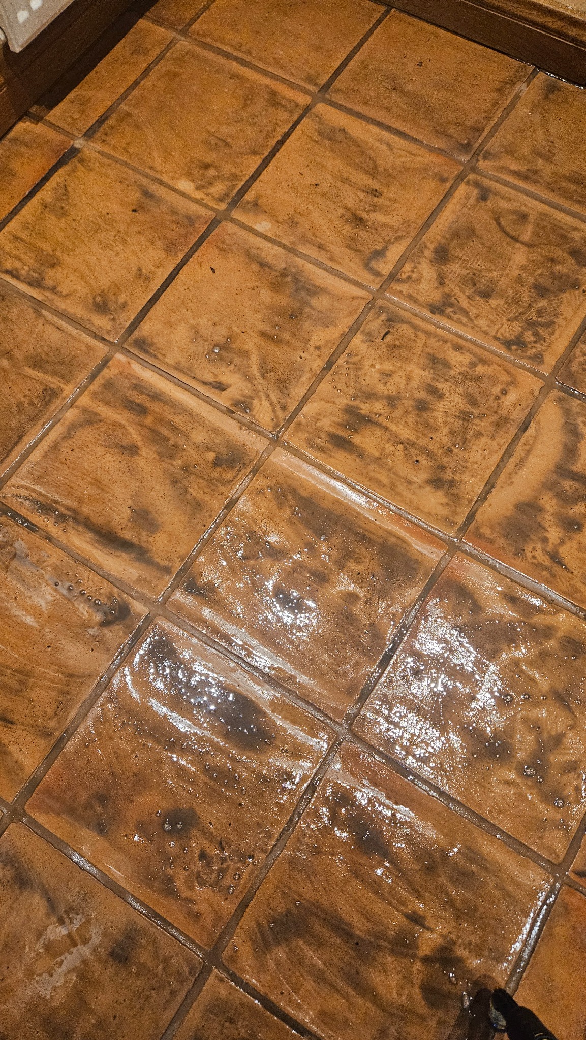 Mokra, brązowa podłoga z płytek ceramicznych po czyszczeniu, widoczne refleksy światła i pozostałości wody w fugach.