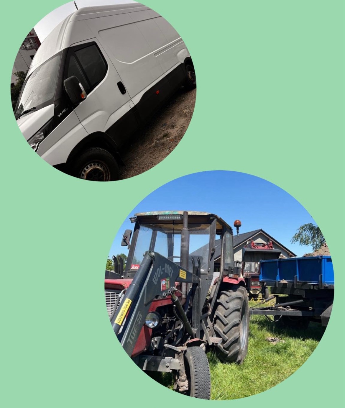 Kolaż przedstawiający biały furgon z przodu oraz czerwony traktor z ładowaczem czołowym i przyczepą w tle, na tle zielonej trawy i błękitnego nieba.
