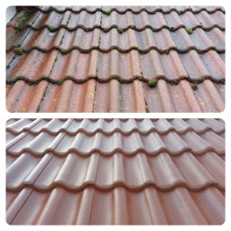 GERU POLSKA SPÓŁKA Z OGRANICZONĄ ODPOWIEDZIALNOŚCIĄ - Porównanie: górna część dachu z czerwoną dachówką pokrytą mchem i zabrudzeniami, dolna część po czyszczeniu i pomalowaniu na jednolity brązowy kolor