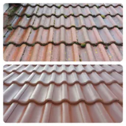 Porównanie: górna część dachu z czerwoną dachówką pokrytą mchem i zabrudzeniami, dolna część po czyszczeniu i pomalowaniu na jednolity brązowy kolor