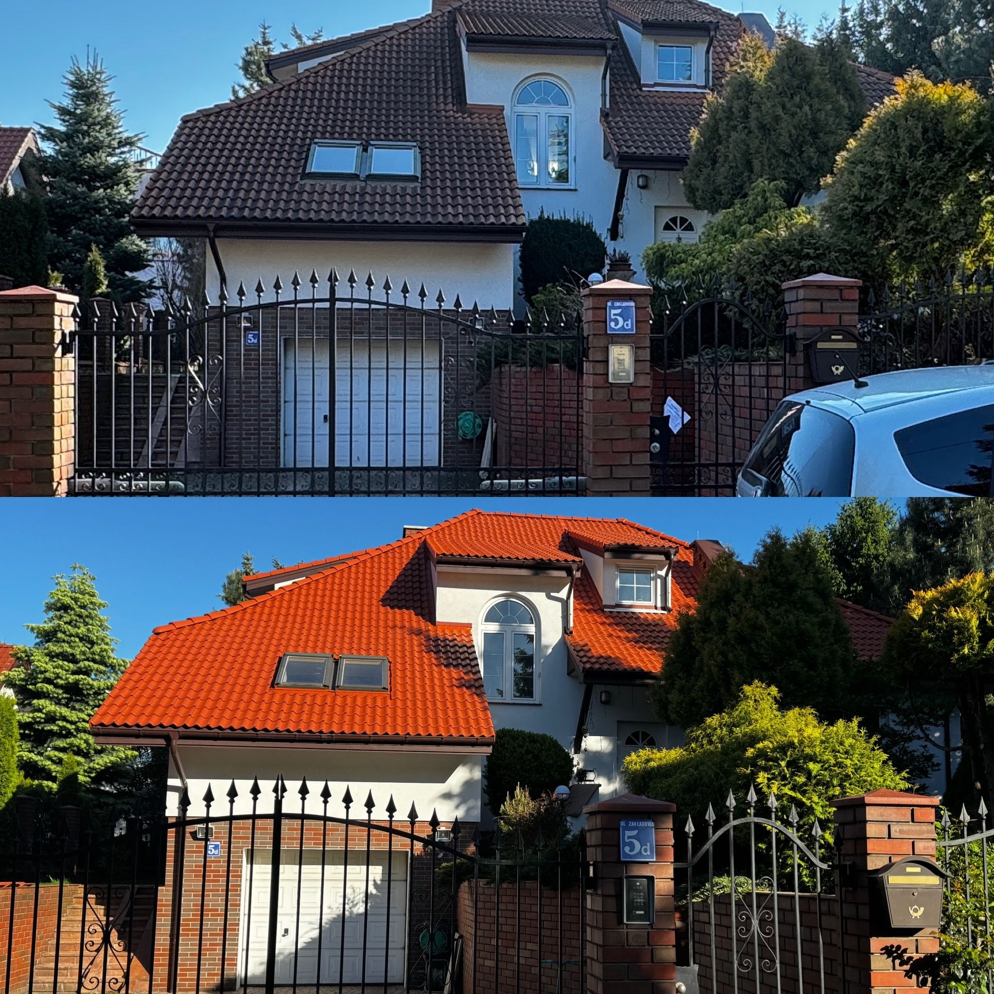 Porównanie elewacji domu przed i po renowacji: od ciemnobrązowego dachu do jaskrawo czerwonego, odświeżona fasada w jasnym kolorze, widoczne elementy dekoracyjne z kutego żelaza.